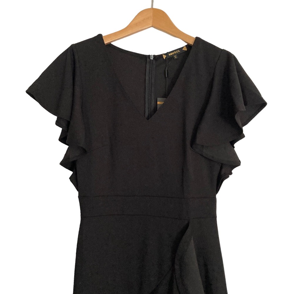 Miusol Women's Medium Dress Hi-Low Hem Ruffle V-Neck Black Stretch Evening Party - Picture 3 of 14